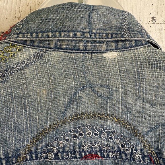 Vtg Hearts of Palm Embroidered Denim Jacket Distressed Women 14 CottageCore Boho - Picture 12 of 13